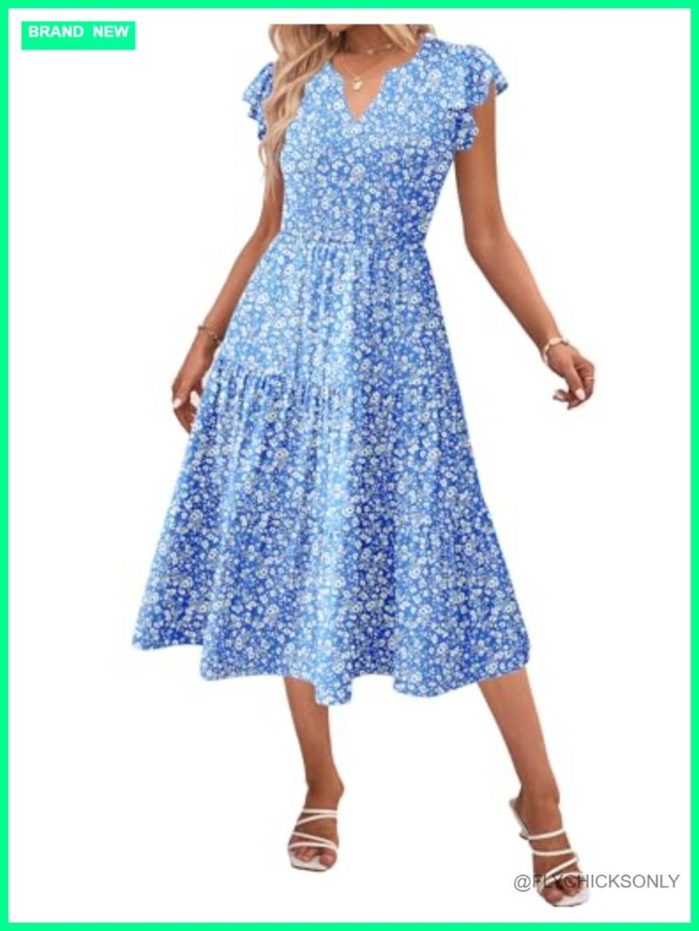 Womens Midi Dress Loose Fit V Neck Ruffle Sleeve Tiered Boho Sundress Cotton